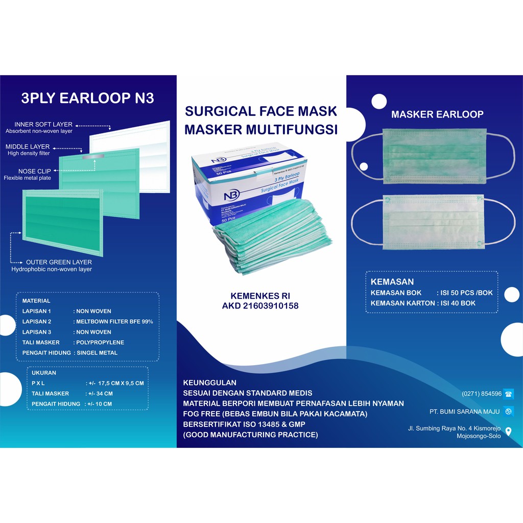 MASKER MEDIS MASKER EARLOOP N3 SURGICAL FACE MASK TANPA PENGAIT