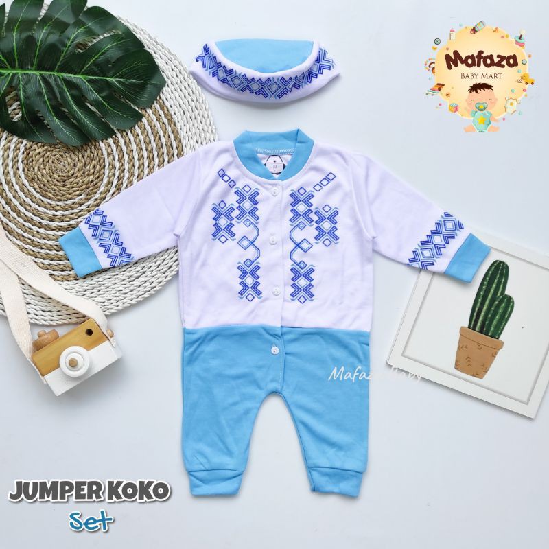 MAFAZABABY Set Jumper Romper Koko Bayi Baju Muslim Anak Bayi Laki-laki Newborn Koko Aqiqah(0-6bulan)-Motif 2 (biru)