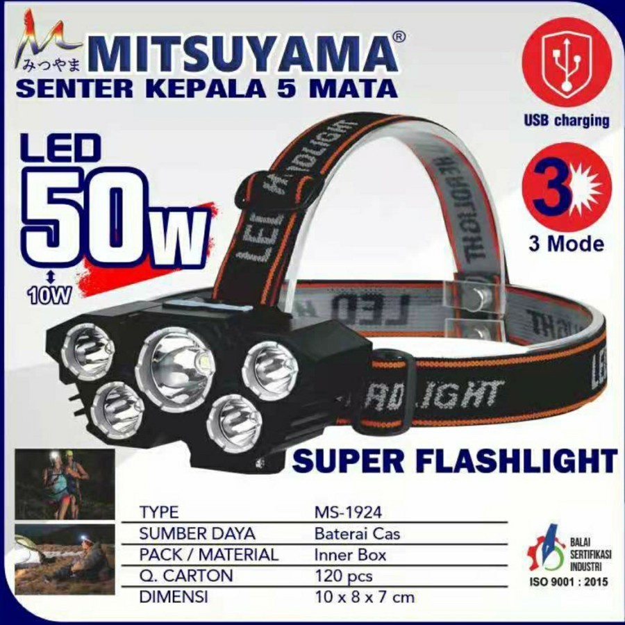 SENTER KEPALA 5MATA LED 50W MITSUYAMA MS 192 HEADLIGHT LED USB 50W+10W