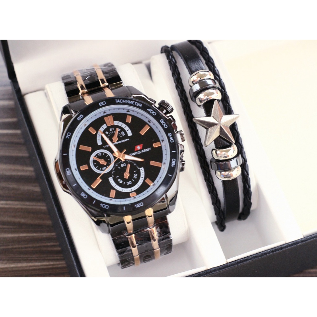 Jam Tangan Pria Analog Rantai + Gelang Star + Kotak Jam