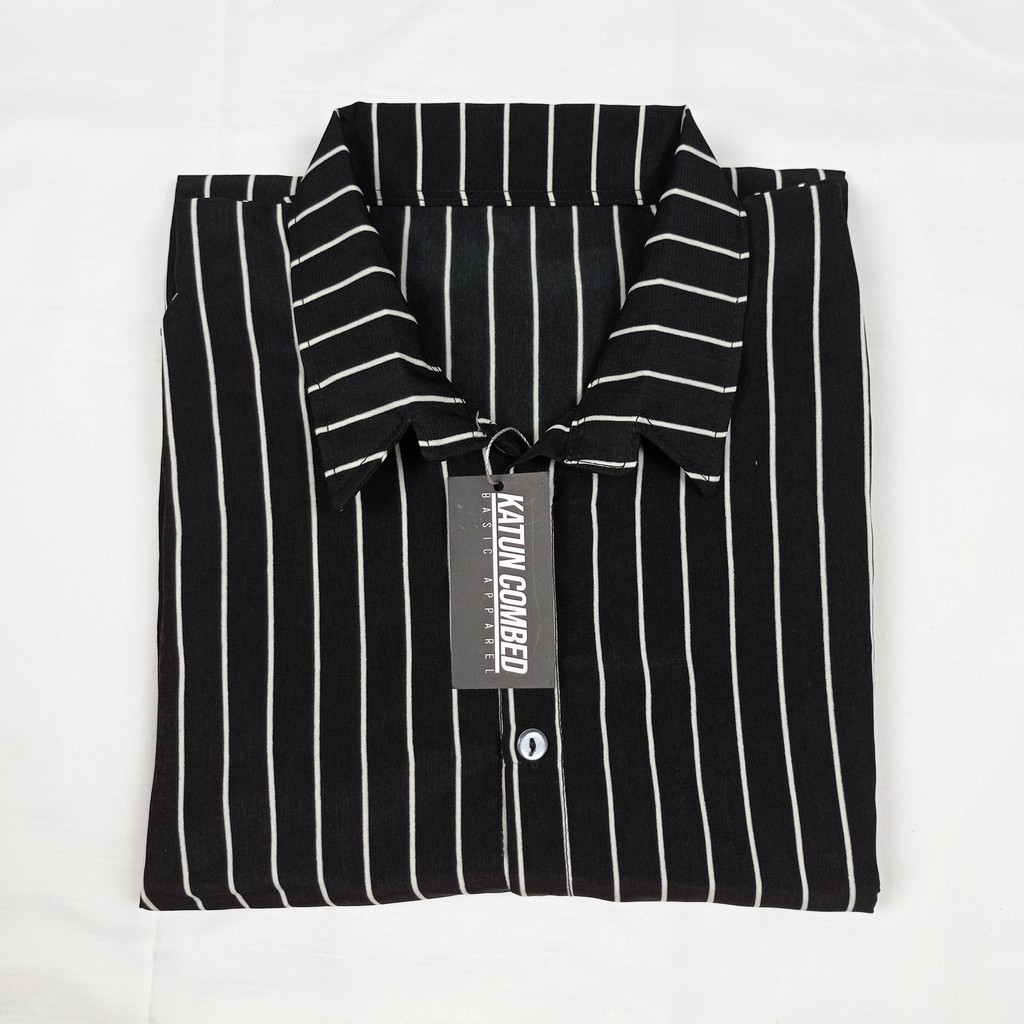 Kemeja Wanita Salur Atasan Blouse Monalisa Stripe Lengan Panjang Korean Style Motif Garis Garis Wolfis-HITAM