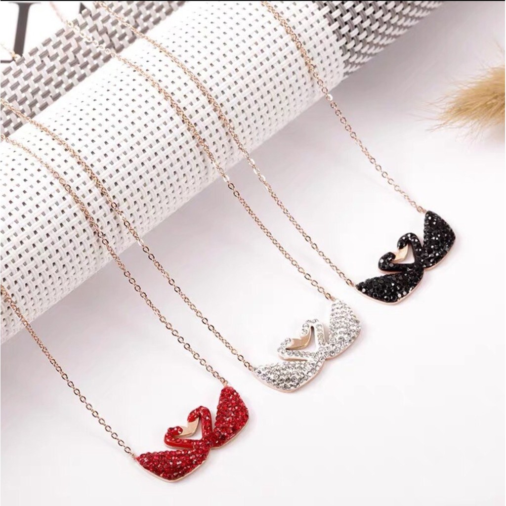 Kalung Titanium 2 Angsa Hitam, Putih dan Merah Warna Rantai Rosegold, Gold dan Silver