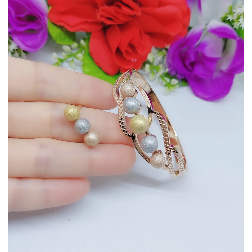 Set perhiasan wanita gelang dan cincin kombinasi biji bola