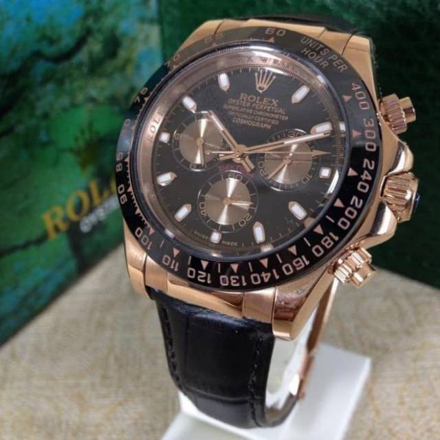 Jam Pria Rolex Daytona Black RoseGold Automatic Japan Miyota Kulit