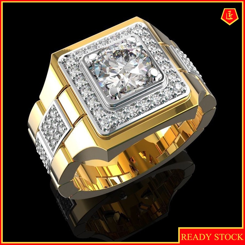 [Ready Stock]Men's Moissanite Watch Shape Ring Gold Two-Tone