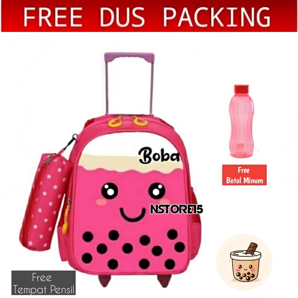 Tas ransel troli anak karakter Boba 3in1 - tas + tempat pinsil + botol / Ransel Troly Boba Tas dorong karakter tas roda terbaru