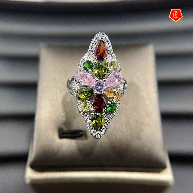 [Ready Stock]Creative Elegant Personalized Natural Colored Gems Tourmaline Ring