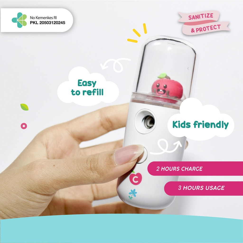 BerryC Nano Mist Spray Sanitizer 30ML dengan karakter BerryC mungil untuk anak - dewasa face mist sprayer embun fog mungil personal portable rechargable usb putih white simple kuat new design awet sanitize sterilize moisturize