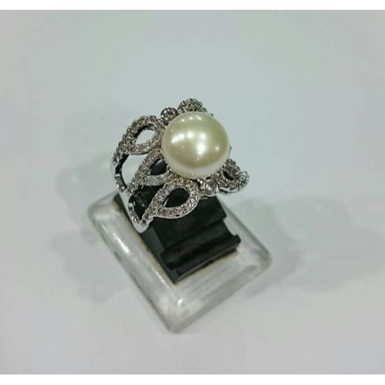 cincin rhodium mutiara air tawar putih