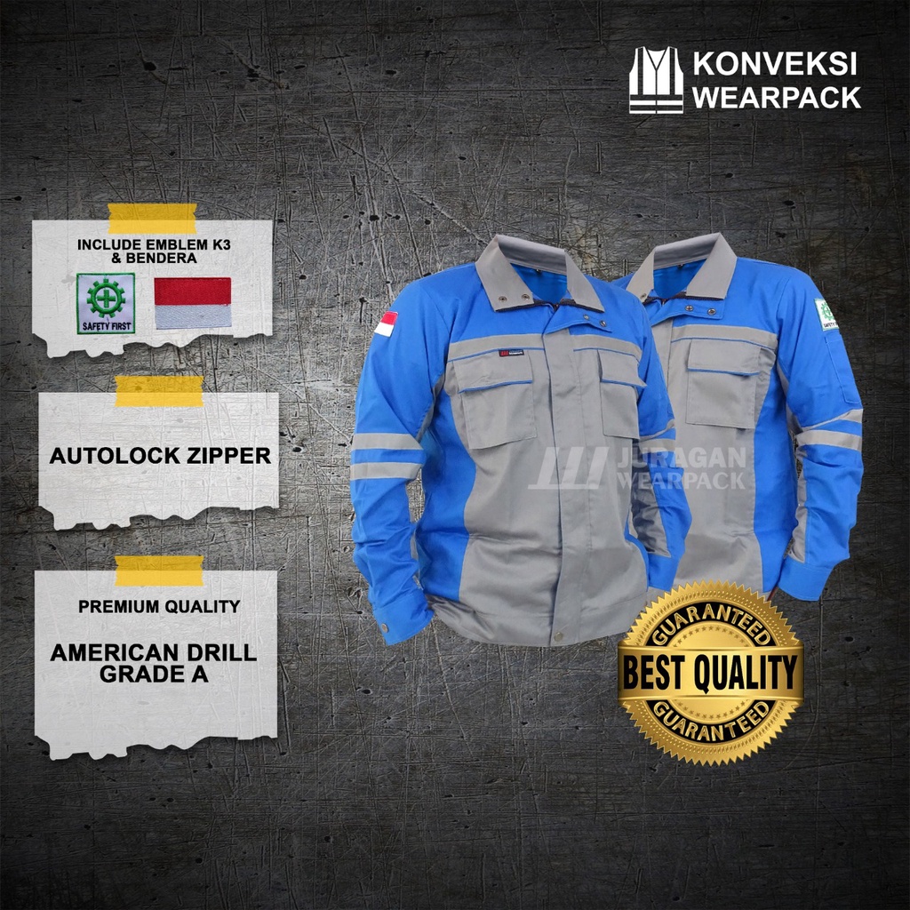 Wearpack Kerja Model Semijaket Warna Biru Benhur Kombinasi Abu-abu