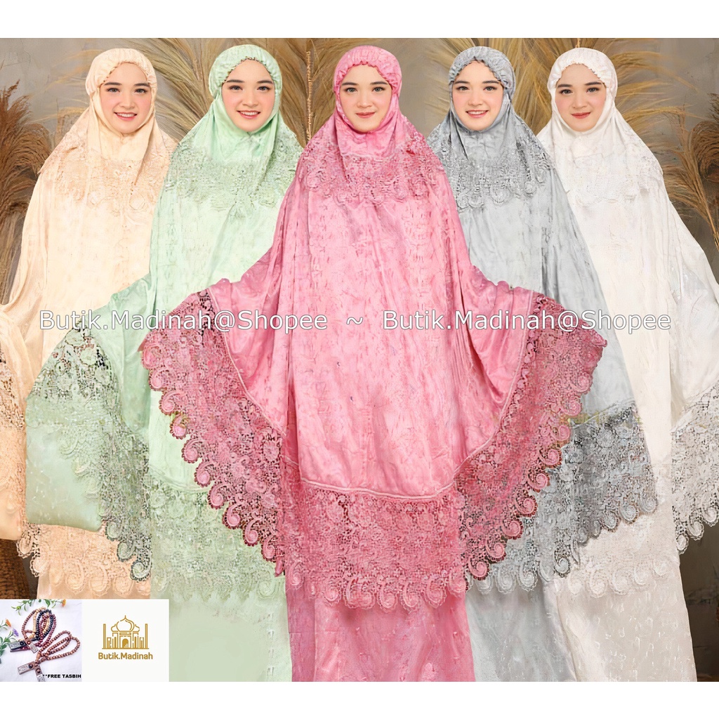 BUTIK.MADINAH MUKENA DEWASA SUTRA BORDIR PARIS PRADA PREMIUM RENDA KEONG MEWAH WARNA