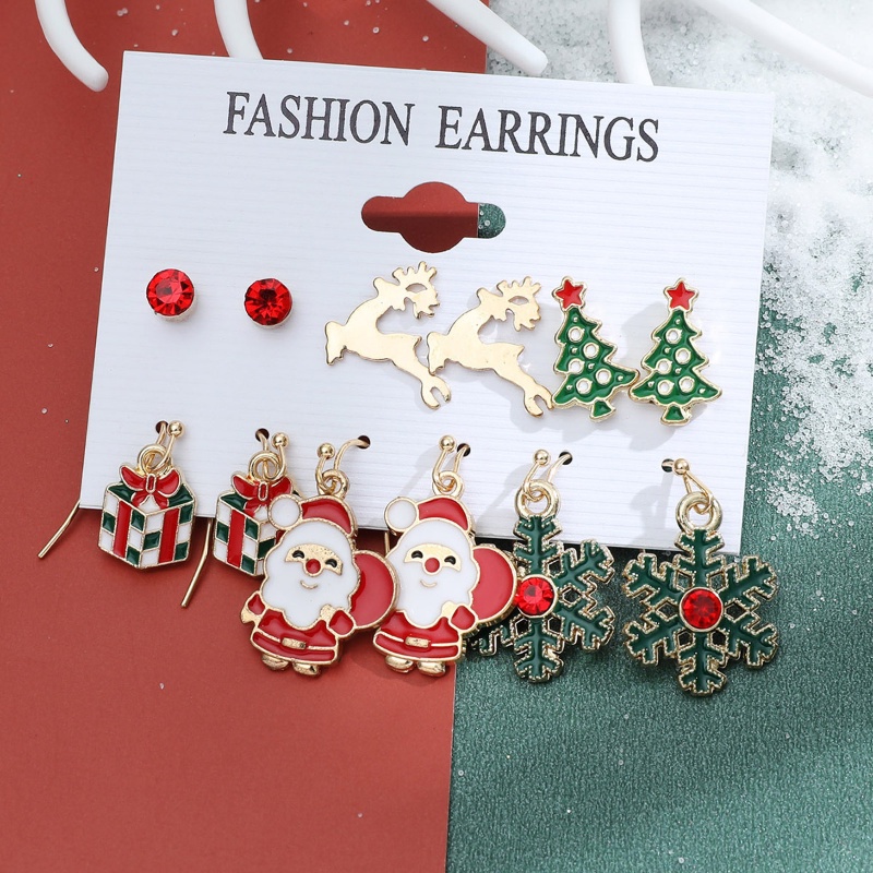 6 Pasang Anting Stud Desain Pohon Natal Rusa Snowman Santa Untuk Aksesoris Anak Perempuan