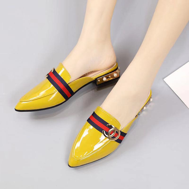 BJS9712 - BLACK/YELLOW - Sandal Slip On Import Elegan Wanita Cantik SANDAL PESTA WANITA GLOSSY CC FASHION IMPORT TERMURAH TERLARIS TERBARU BAGSTORE JAKARTA JSH9712