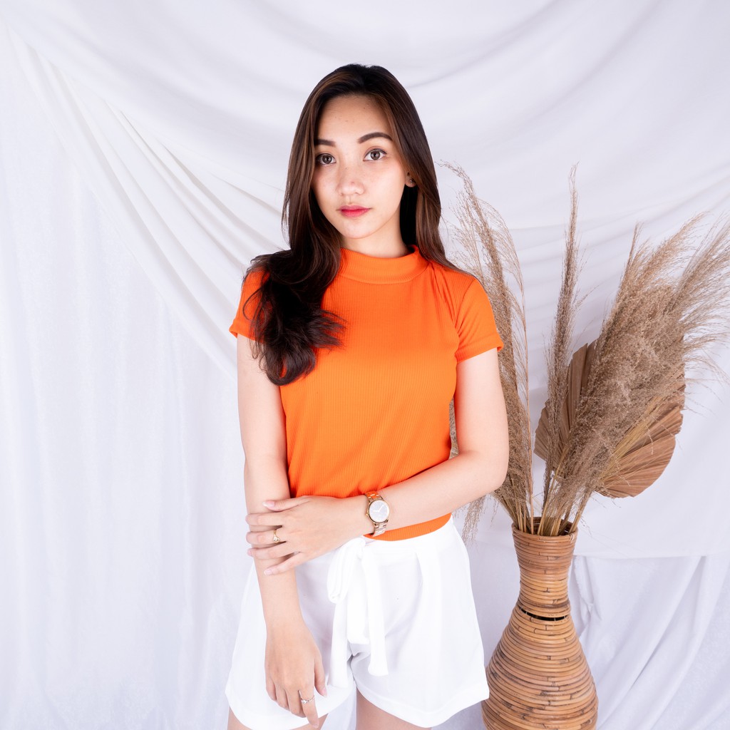 Turtleneck Carenina RIB / Tshirt Kaos Turtle Neck Wanita-ORANGE