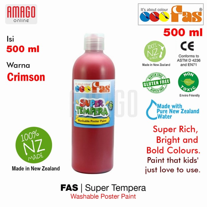 FAS - SUPER TEMPERA WASHABLE POSTER PAINT - 500 ml - CRIMSON - 021