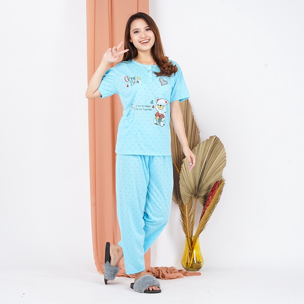 Lilipop.id  Baju Tidur Wanita CP Cute Bear Setelan Piyama BabyDoll Kaos Celana Panjang