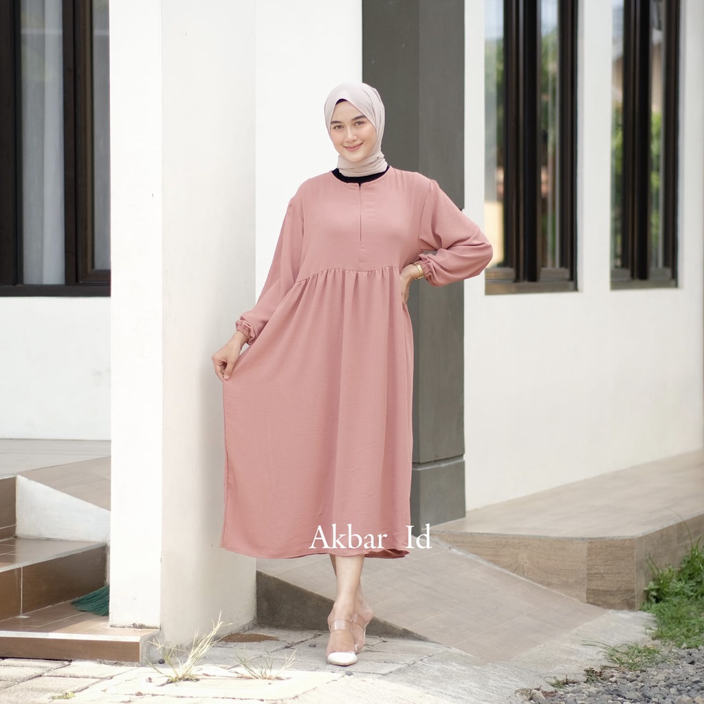 Midi Dress Muslim Polos Jumbo - Dres Rayon Crinkle Tali Samping Busui Resleting Depan - Baju Muslim 