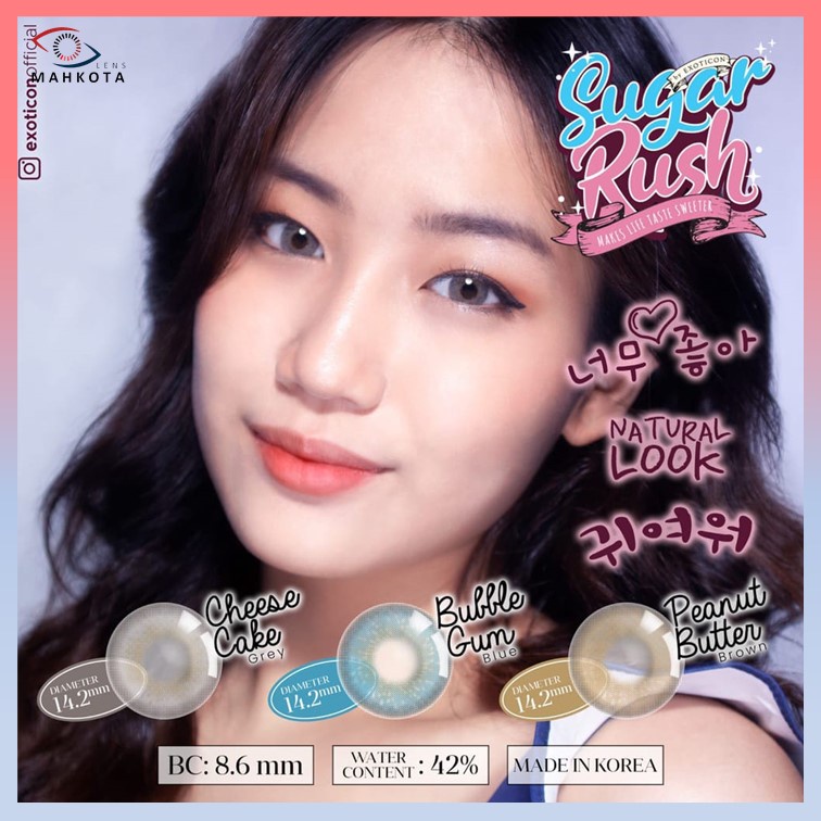 SOFTLENS SUGAR RUSH / NORMAL &amp; MINUS ( -0.50 S/D -4.00 ) BY EXOTICON /14.2MM / GREY BROWN BLUE / Softlen Soflens Soflen