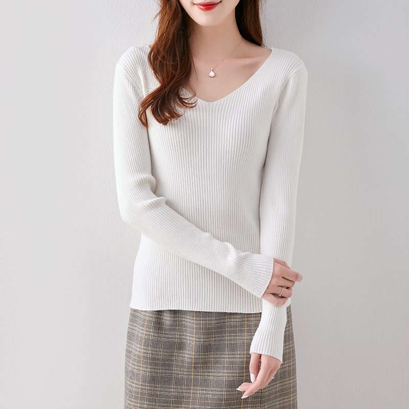 【Elegant】Korean Solid Rib Knit V Neck Sweater E087