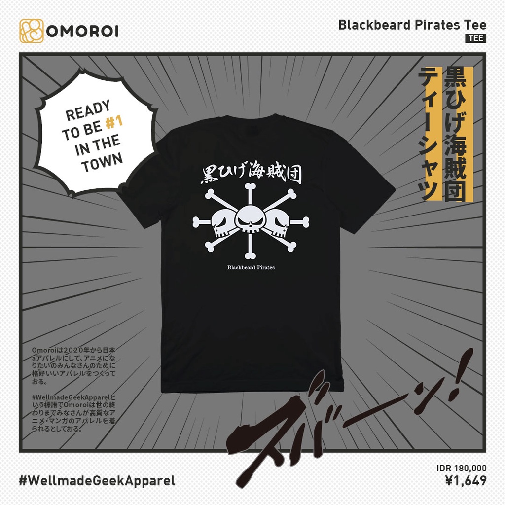 Omoroi x Hakurou Studio Blackbeard Pirates Tee | One Piece | Kaos Anime