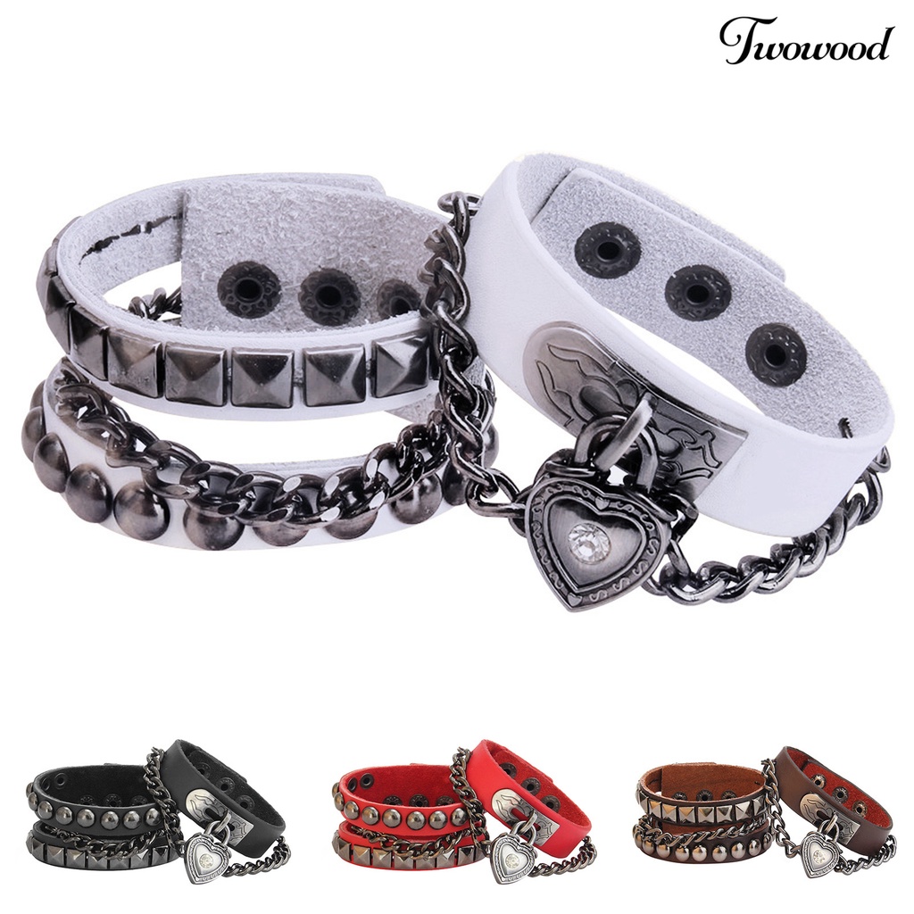 2pcs / Set Gelang Adjustable Bahan Kulit Imitasi Dengan Liontin Hati Gaya Punk Rock