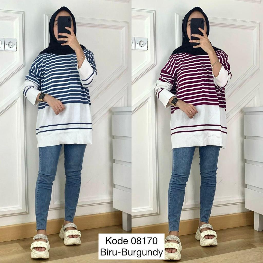 08170 SWEATER RAJUT OVERSIZE TURTLE NECK SALUR ATASAN SWEATER RAJUT WANITA MOTIF GARIS STRIPE PREMIU