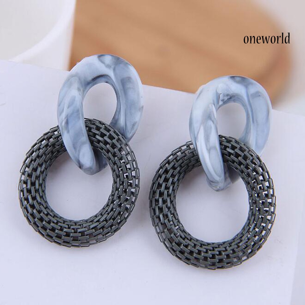 OW@ Women Fashion Acrylic Mesh Linked Circle Pendant Stud Earrings Party Jewelry