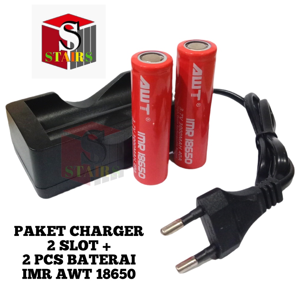 Paket Charger 2 Slot + 2 PCS Baterai Li-ion IMR AWT 18650 3000mAh 3.7V Warna Merah