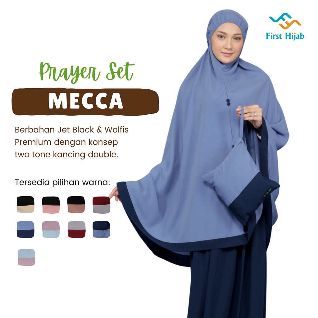 Mukena Dewasa Premium Mewah Two Tone Model Mecca Bahan Wolfis Prayer Set Daily by First Hijab Denim Navy