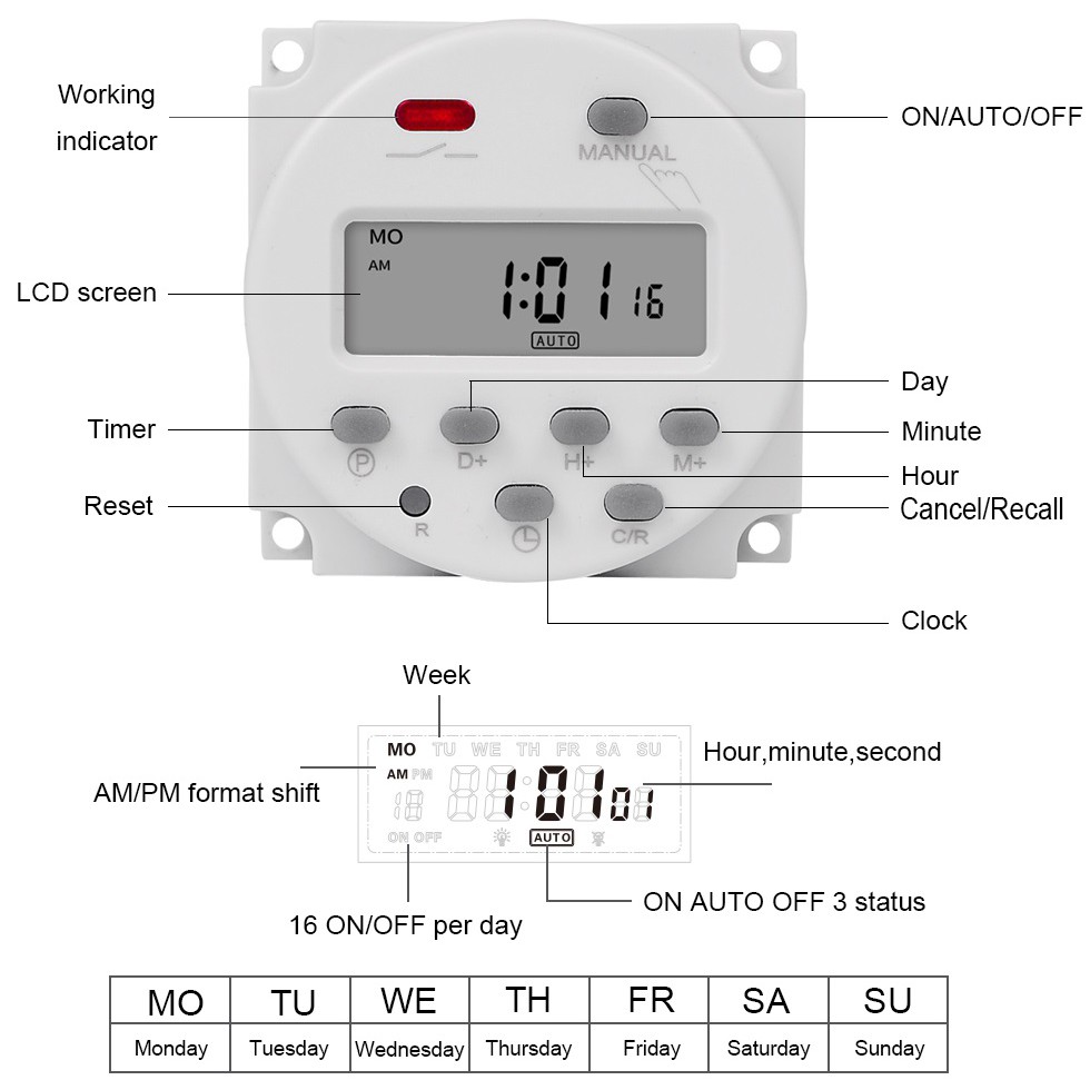 Timer Switch Digital Time Delay Relay 12V 220V CN101A Untuk Lampu Digital Timer Programmable On Off