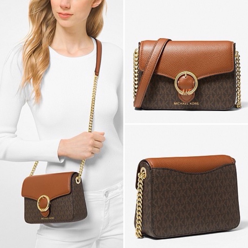 MICHAEL KORS MK Wanda Small Logo and Pebbled Leather Crossbody Bag Brown acorn