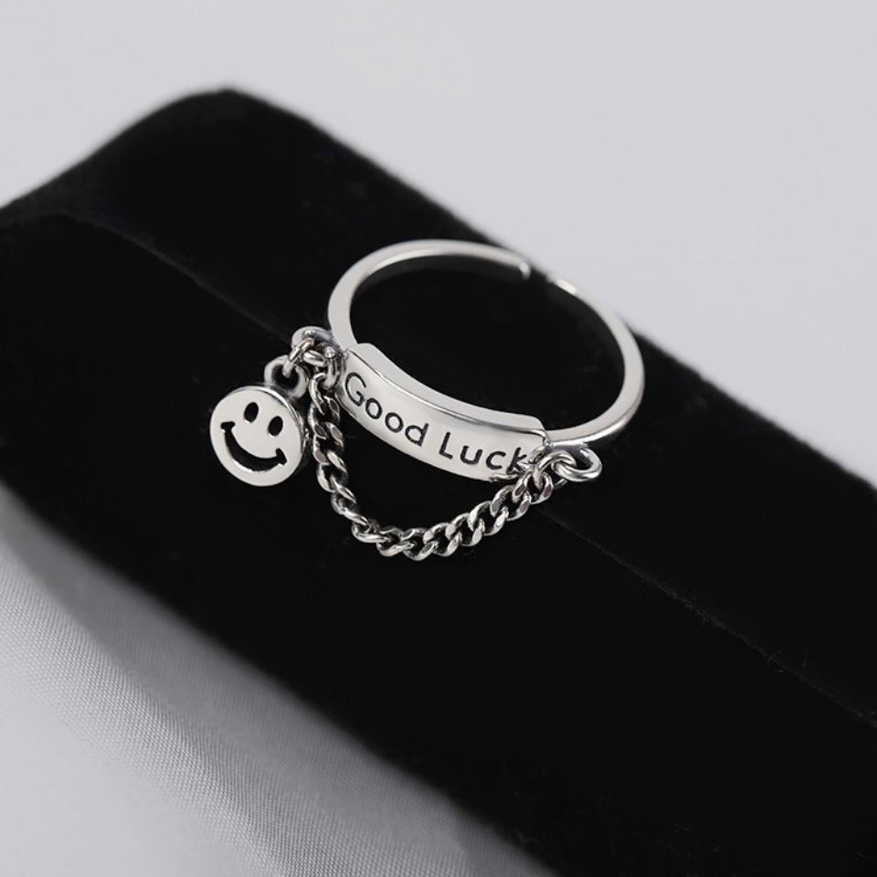 Cincin Wanita Model Terbuka Desain Smiley Face Hollow Gaya Punk Kreatif Adjustable Untuk Pesta