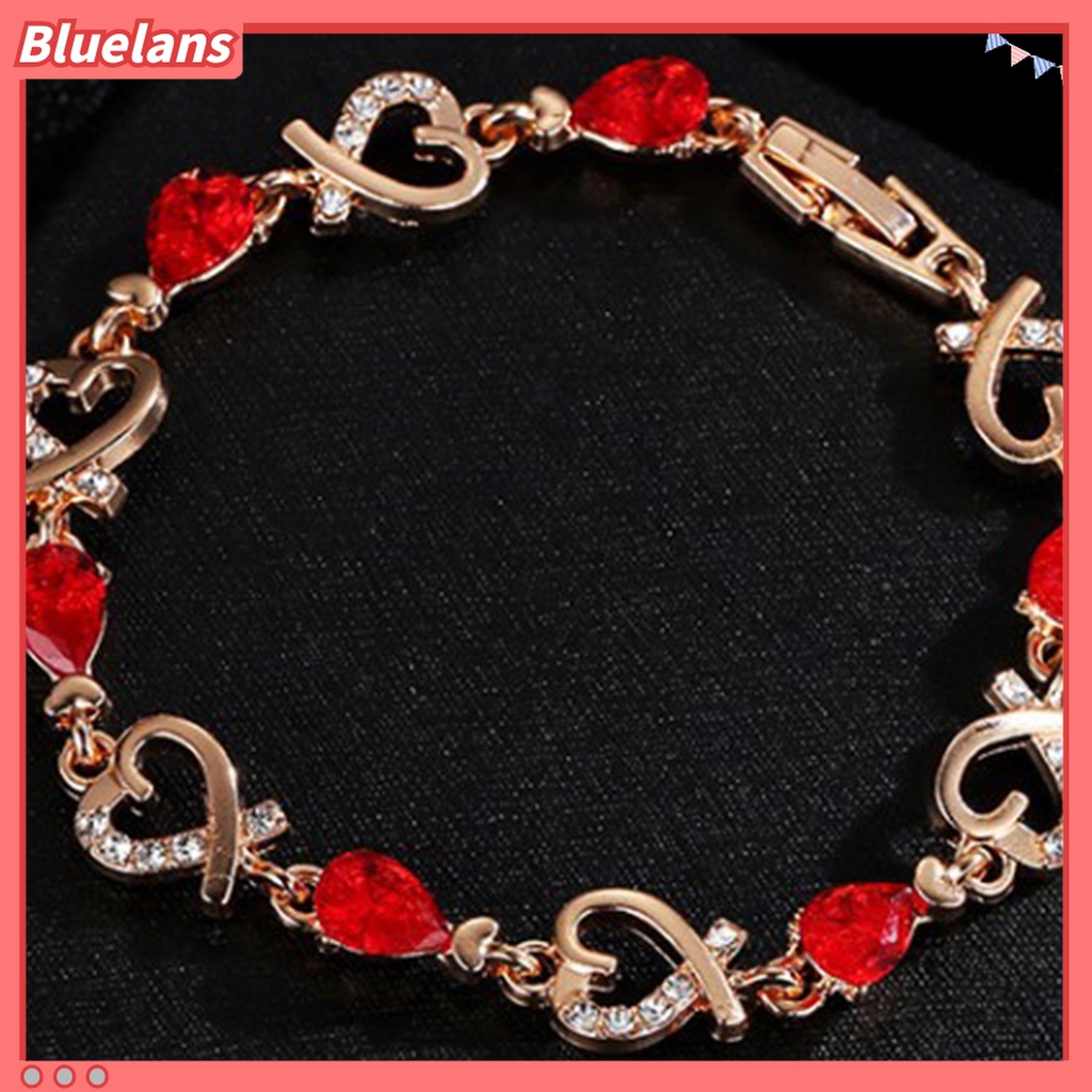 Gelang Rantai Bentuk Hati Hollow Bahan Zinc Alloy Aksen Berlian Imitasi Warna-Warni Untuk Wanita