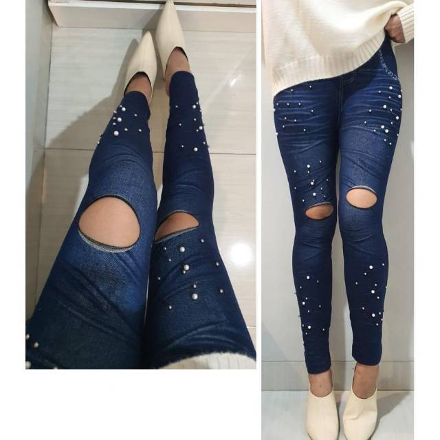  Celana  Legging Denim Pearl Motif  Sobek  Lutut Import 