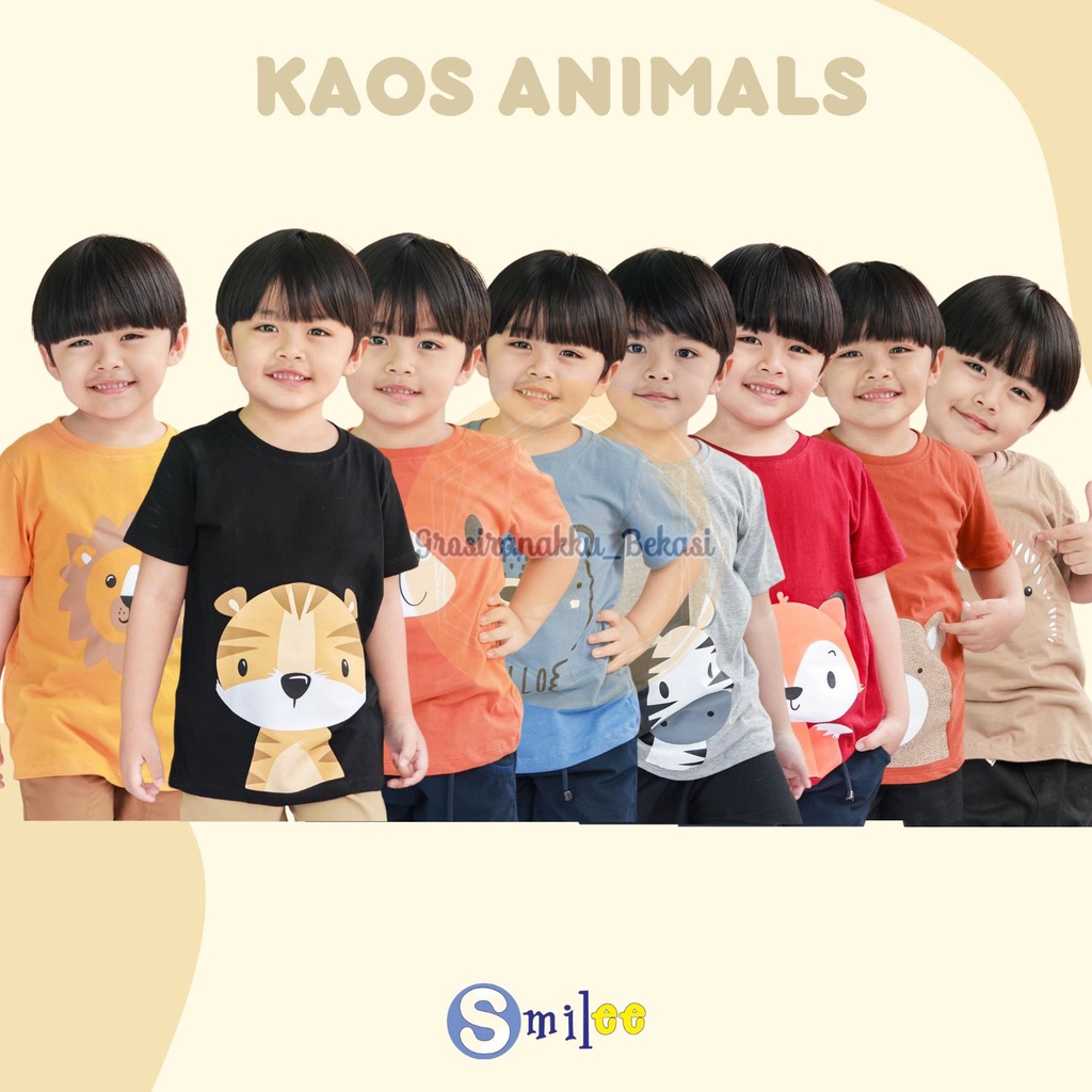 Kaos Anak Cowok Smile Murah Animals Mix Motif Size 1-5Th