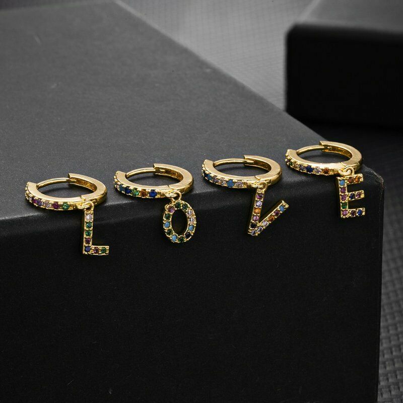 1 Pc Anting Kristal Zircon 18k gold Desain 26 Huruf Warna-Warni Untuk Wanita