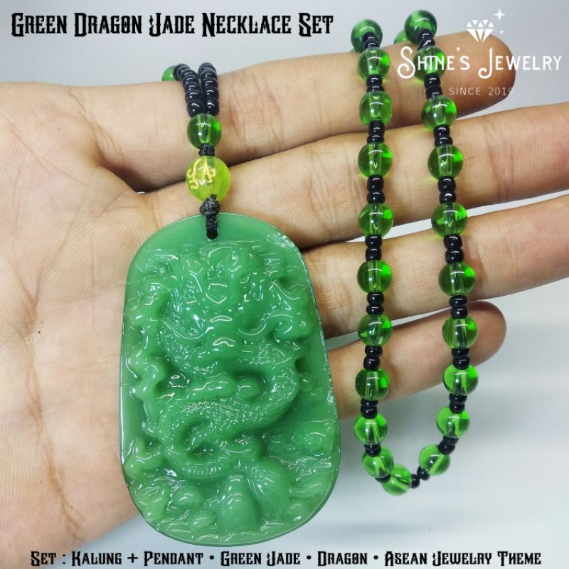 Kalung Amulet Giok Green Dragon Jade Pendant Shines Jewelry Set