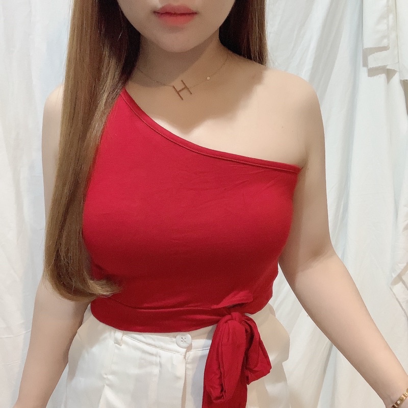 One Shoulder Bow Knot Side Crop Top Tank | Atasan Wanita Korean Fashion | Maimon Grosir