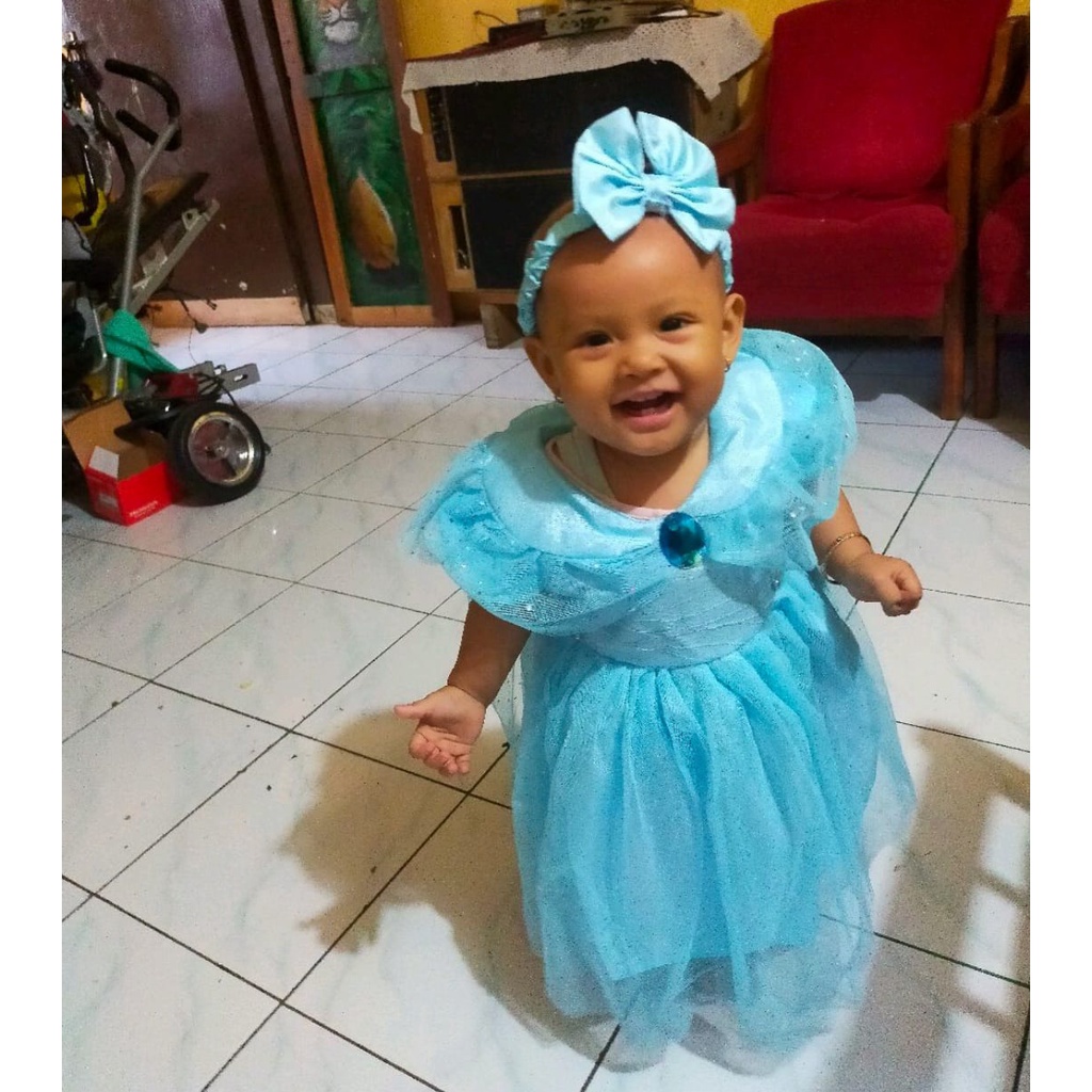 Gaun Elsa Frozen Anak 1 Tahun Import GRATIS PITA Baju Elsa Frozen 6 12 Bulan Dress Baju Baby Cewe 1.5 Tahun Warna Biru Muda Disney Princess KA107