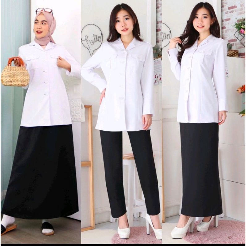 SERAGAM DINAS PUTIH KANTONG 2 ROK A ROK SPAN /CELANA  FREE HIJAB