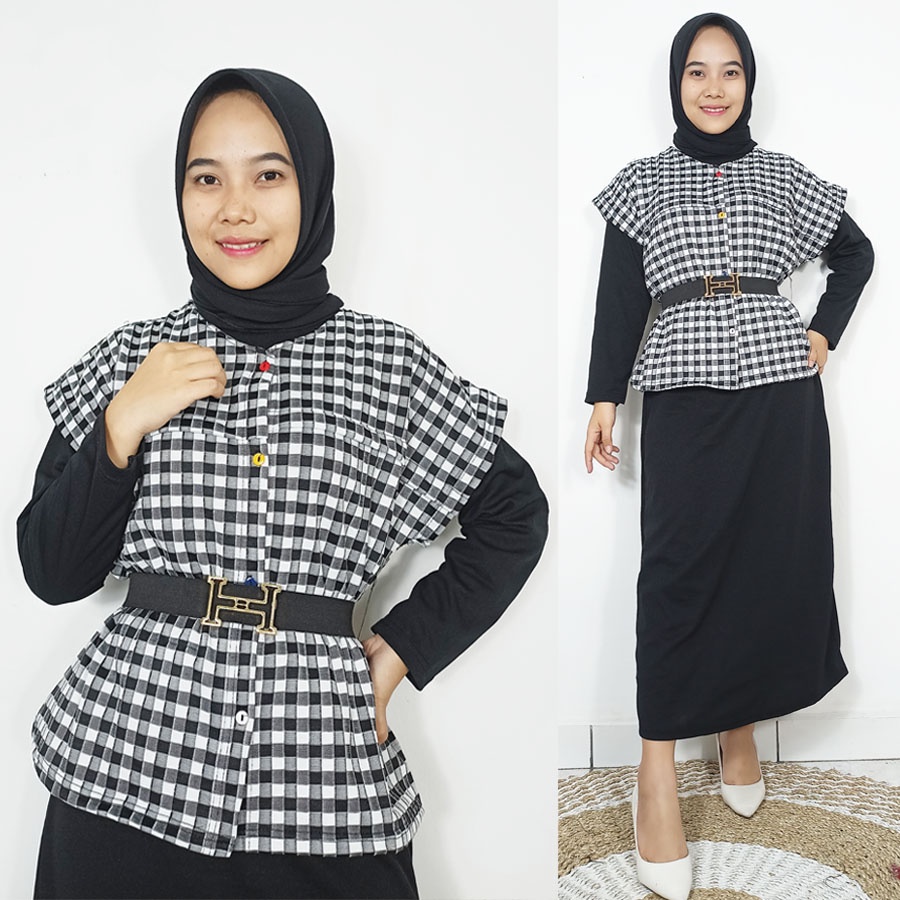 JEJE VEST SET KOTAK INNER DRESS HITAM DENGAN BELT CANTIK GL FASHION