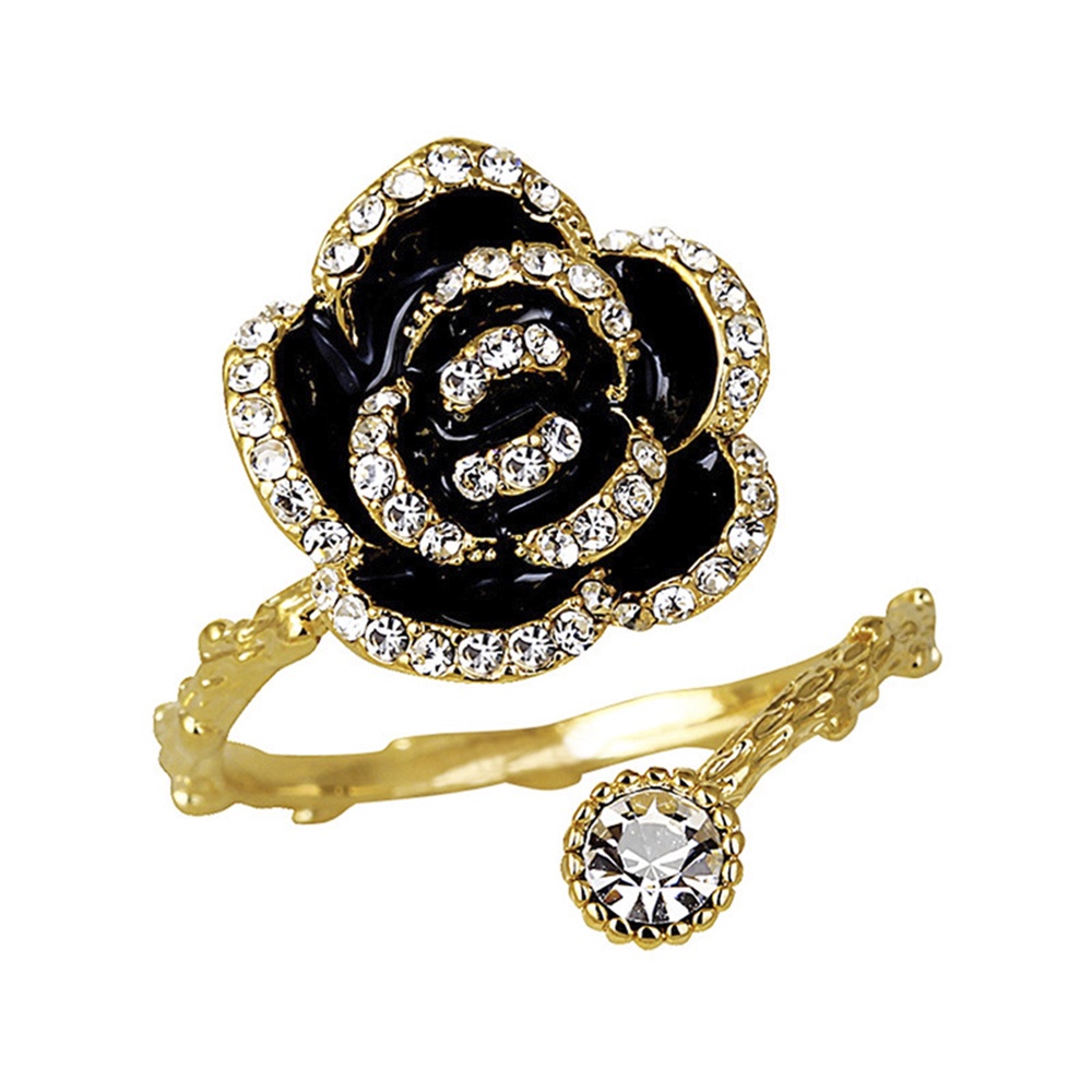 Cincin Model Terbuka Desain Bunga Camellia Hias Zircon Hitam Gaya Retroelegan Adjustable Untuk Wanita