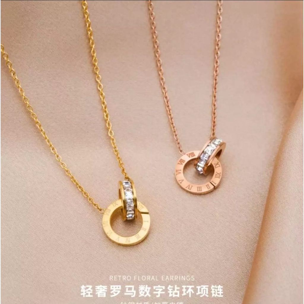 KALUNG TITANIUK WANITA DOUBLE CINCIN ROMAWI ANTI KARAT FASHION KOREA