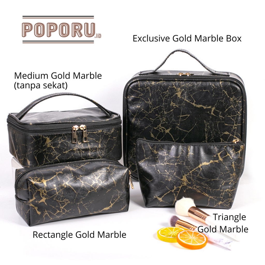 POPORU GOLD MARBLE pouch 5 types -  black cosmetics bag organizer for make up - tas tempat kosmetik hitam