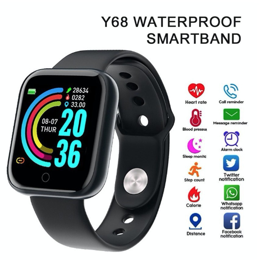 SmartWatch Y68 wanita jam Sport Waterproof Bluetooth  Fitness Tracker Wristband Pedometer Heart