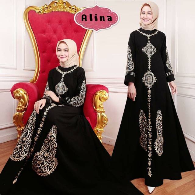 Abaya Bordir "ALINA" syar'i / Dress Hitam Bordir/ Gamis Muslimah / Gamis Madinah Premium