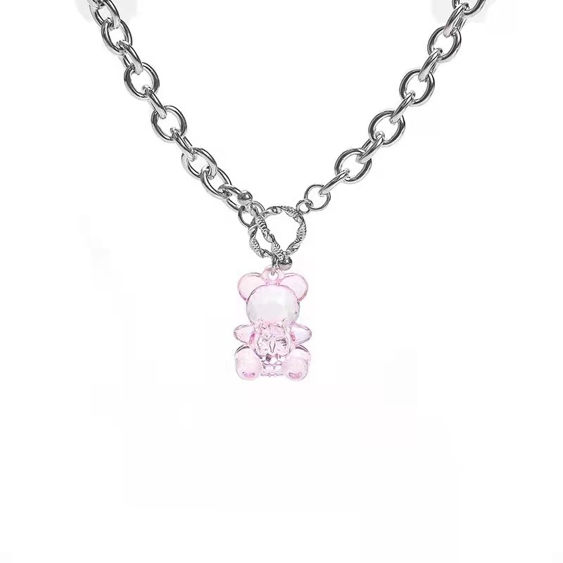 Gaya korea cute kristal gummy bear PL kalung untuk pria dan wanita sederhana lucu boneka beruang lio