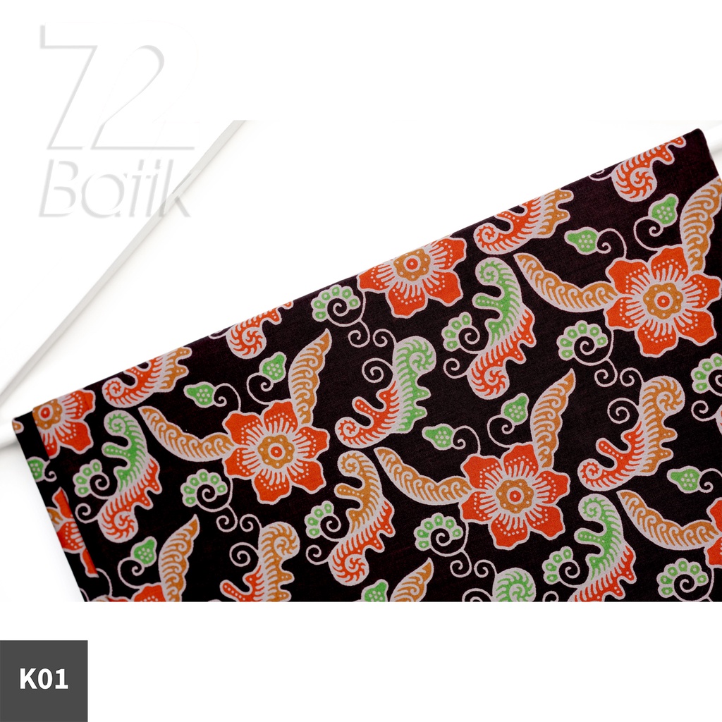 KAIN BATIK PREMIUM Bahan Katun Motif Kembang Warna Hitam Orange Hijau Merah 721637 Cap 72 Jarik Jarit Samping Kebat Panjang Batik Katun Modern Premium Bahan Seragam Batik Pernikahan Kantor Keluarga Murah Kamen Jadi Batik Bali Lembaran