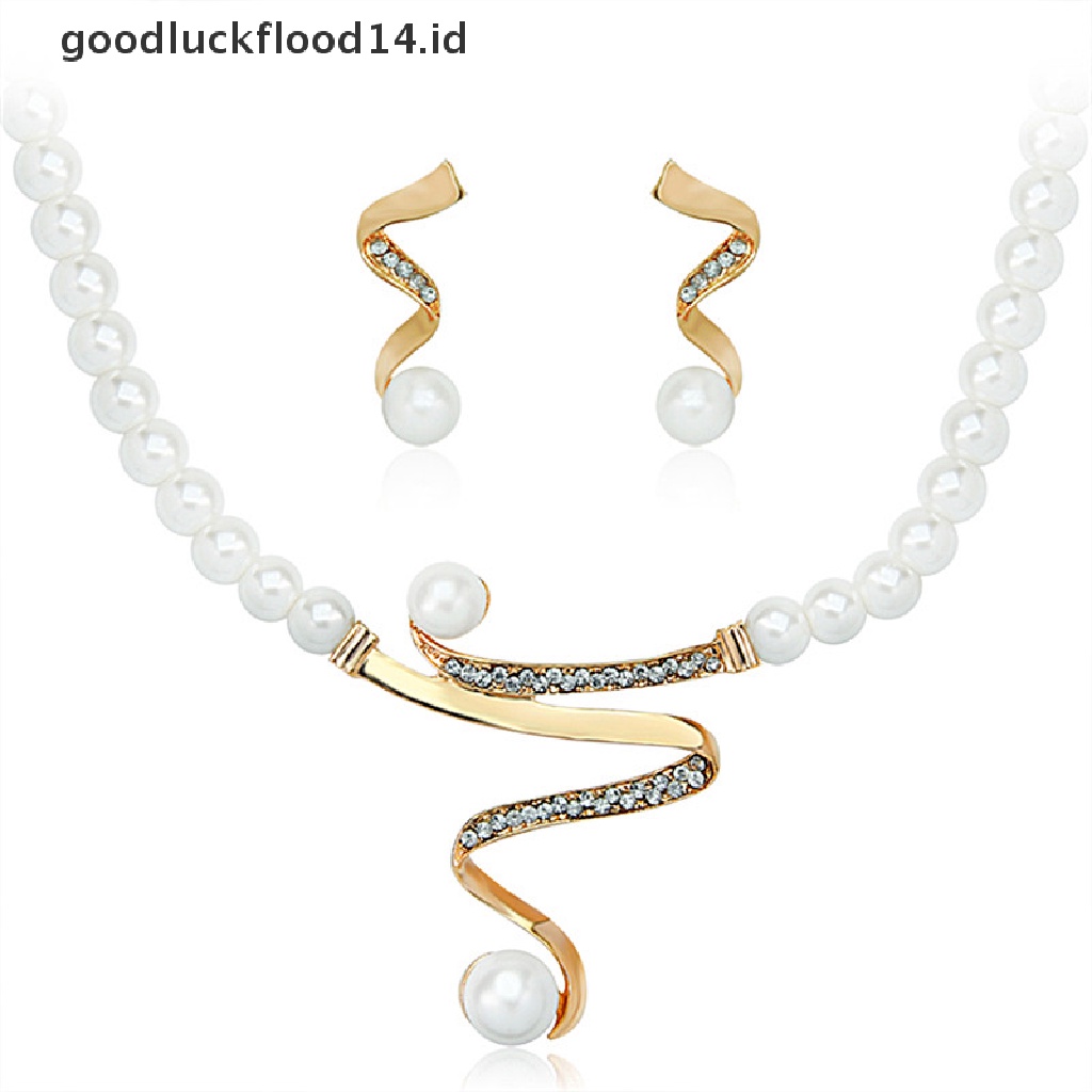 [OOID] New Women Bridal Wedding Party Pearl Rhinestone Necklace Earrings Jewelry Set ID