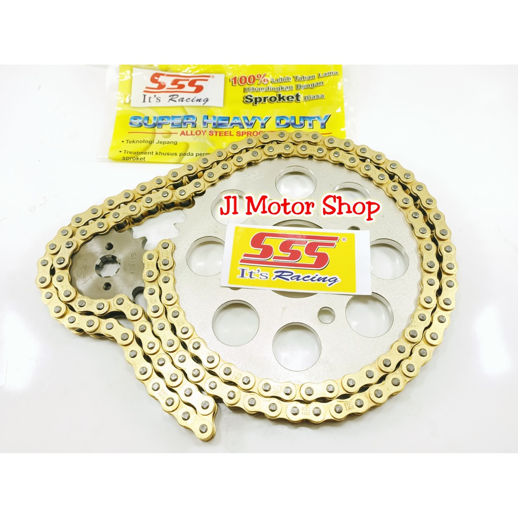 GIRSET GEARSET GIR GEAR SET SSS 428 CBR CB 150 R15 VIXION JUPITER MX KING SONIC MEGAPRO VERZA TIGER GL Pro Jupiter Z MX Vega Ninja Satria Supra GTR RXKING RXK RX KING KARISMA SUPRA RXZ BYSON CRYTON Rantai Warna GOLD MERAH HIJAU TUA KUNING BIRU